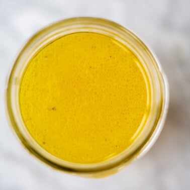 Top down view of jar of bone broth.